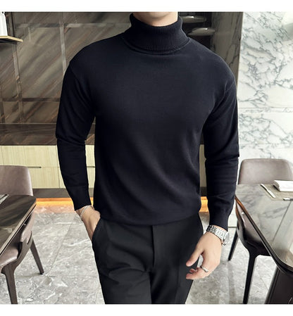 Korean Fashion Autumn Winter Sweaters Men Pullovers Fleece Turtleneck Knitted Sweatshirt Warm Bottoming Shirts