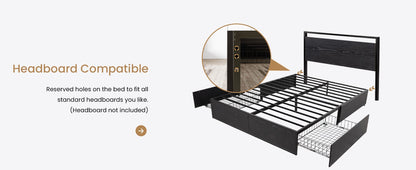 Cama Queen com Estrutura, 2 Gavetas Grandes de Armazenamento, Silenciosa, Fácil de Montar, Não Precisa de Box Spring, Cama com Armazenamento