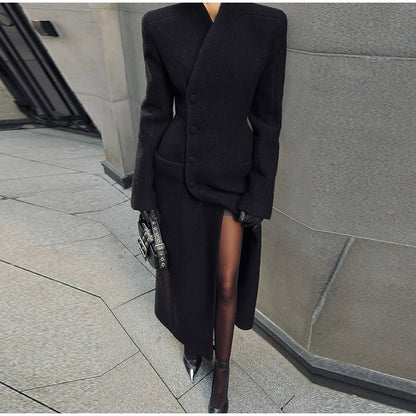 Black Tailored Long Coat Women Elegant Asymmetric Button Front Pockets Full Sleeve Criss-cross Neck Jacket 2025 Casual Outerwear