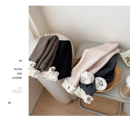 Girls Fleece Lined Leggings Children Fashion Lace Trim Slim Fit Thermal Pants Kids Winter Warm Outwear Casual Clothes