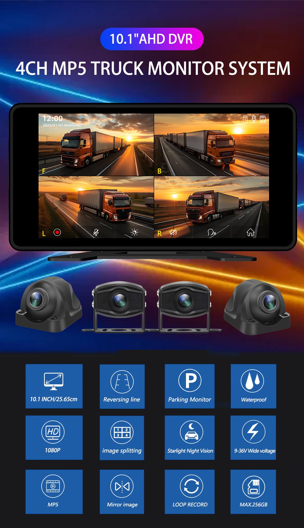 4 Channel 10.1 Inch Truck Bus Vehicle DVR MP5 With 4 PCS AHD 1080P Camera Surveillance Video Parking Recorder Monitor System Kit