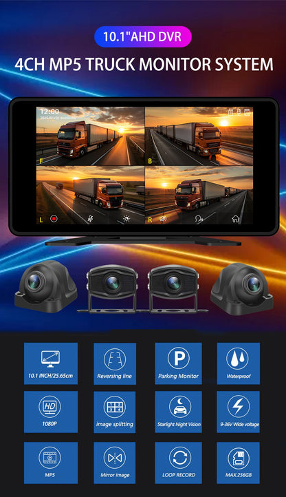 4 Channel 10.1 Inch Truck Bus Vehicle DVR MP5 With 4 PCS AHD 1080P Camera Surveillance Video Parking Recorder Monitor System Kit