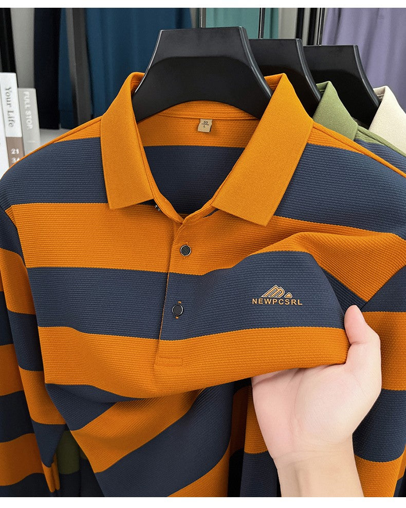 Unique stripe color blocked long sleeve polo shirt men high-end trend brand letters embossed spring autumn new comfort T-shirt