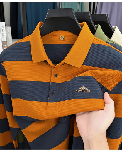 Unique stripe color blocked long sleeve polo shirt men high-end trend brand letters embossed spring autumn new comfort T-shirt
