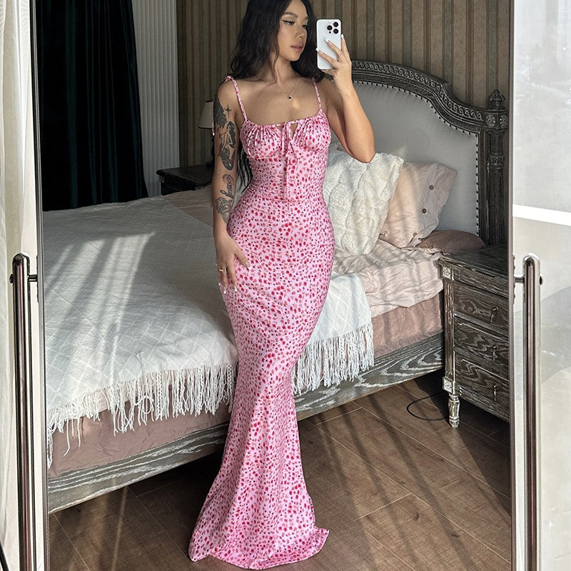 Hugcitar Floral Print Sleeveless Backless Slips Lace Up Maxi Dress Sexy Bodycon