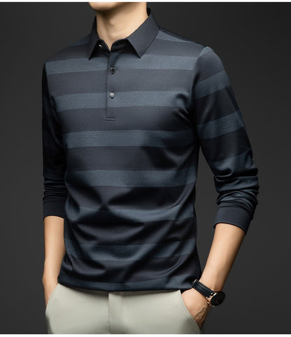 BROWON Elegant Mens Polo Shirts 2025 Spring Autumn Long Sleeve Lapel Collar Big Striped Pattern T-shirt Male New in Tops & Tees