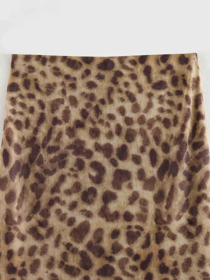 Women Leopard Tulle Midi Skirt 2024 Summer Fashion High Waist Elasticated Waistb
