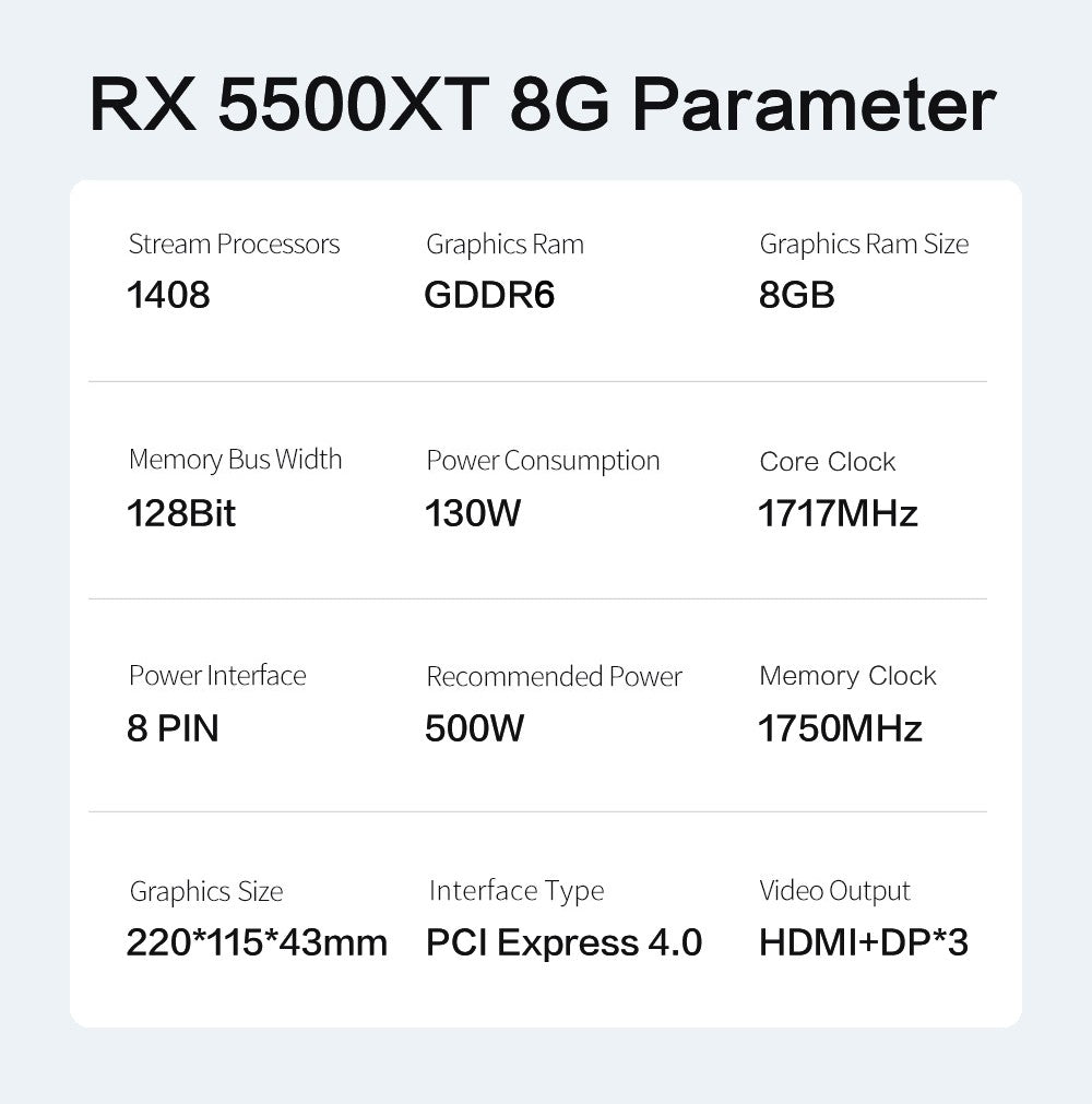 Placa de Vídeo MLLSE RX 5500xt 8gb Gaming 7NM 128bit GDDR6 8 pinos PCI Express 4.0 x 8 1717MHz HDMI*1 DP*3 Desktop