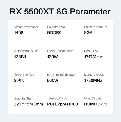 Placa de Vídeo MLLSE RX 5500xt 8gb Gaming 7NM 128bit GDDR6 8 pinos PCI Express 4.0 x 8 1717MHz HDMI*1 DP*3 Desktop