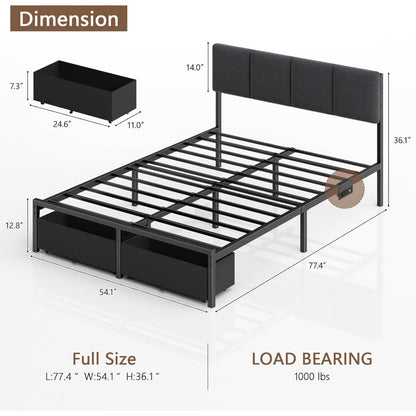 Estrutura de Cama de Casal Furnulem com Cabeceira, Cama de Casal Estofada com Luz LED, Estação de Carregamento USB, Base de Cama