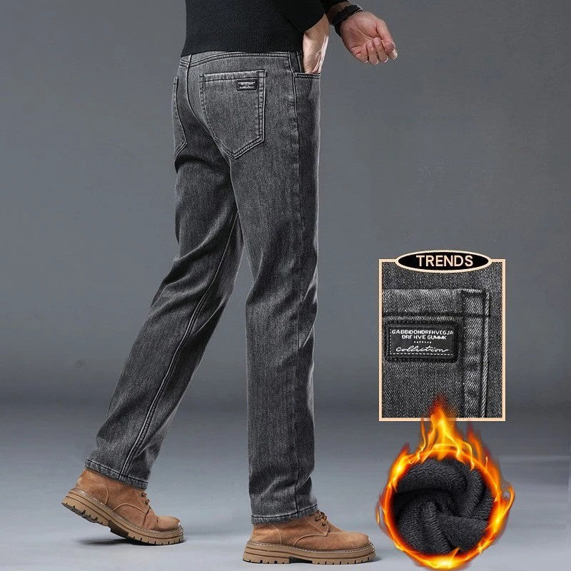 Calça Jeans Masculina de Inverno Slim Reta Elástica Jeans Casual Masculino Roupa Moda Calça Pelúcia Nova Moda Jeans Quente