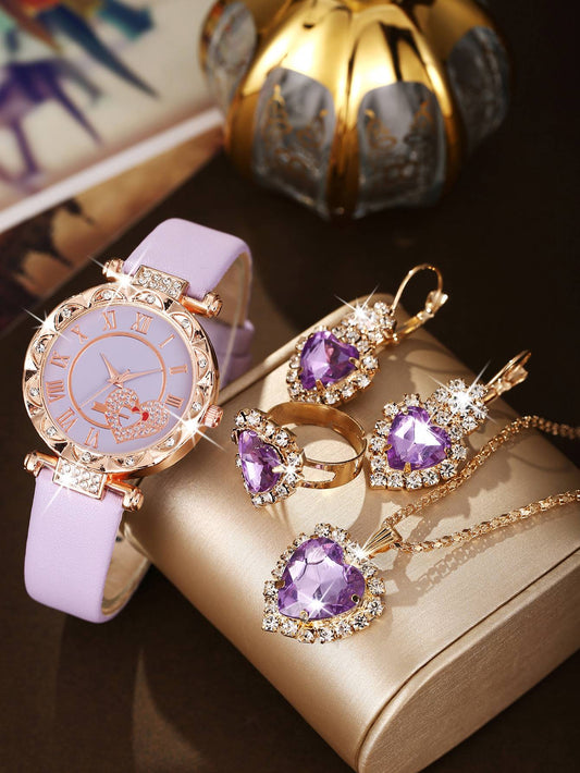 5PCS Wo5PCS Women's Love Set Diamond Dial Fashion men's Love Set Diamond Dial Fashion Versatile Alloy Case Pointer Leather Watch