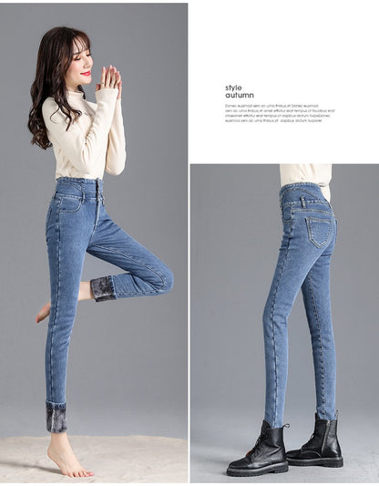 Autumn Winter Skinny Jeans Fashion Women Thermal Fleece High Waist Stretch Warm Pencil Pants Casual Velvet Button Denim Pant