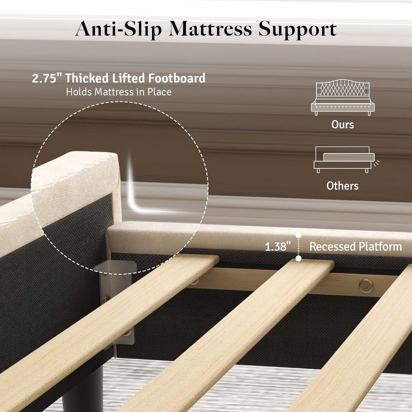 Estrutura de Cama Queen com Cabeceira, Cama Plataforma de Veludo Estofada de Luxo com Asa Lateral, Capitão e Acabamento com Tachas, Ant