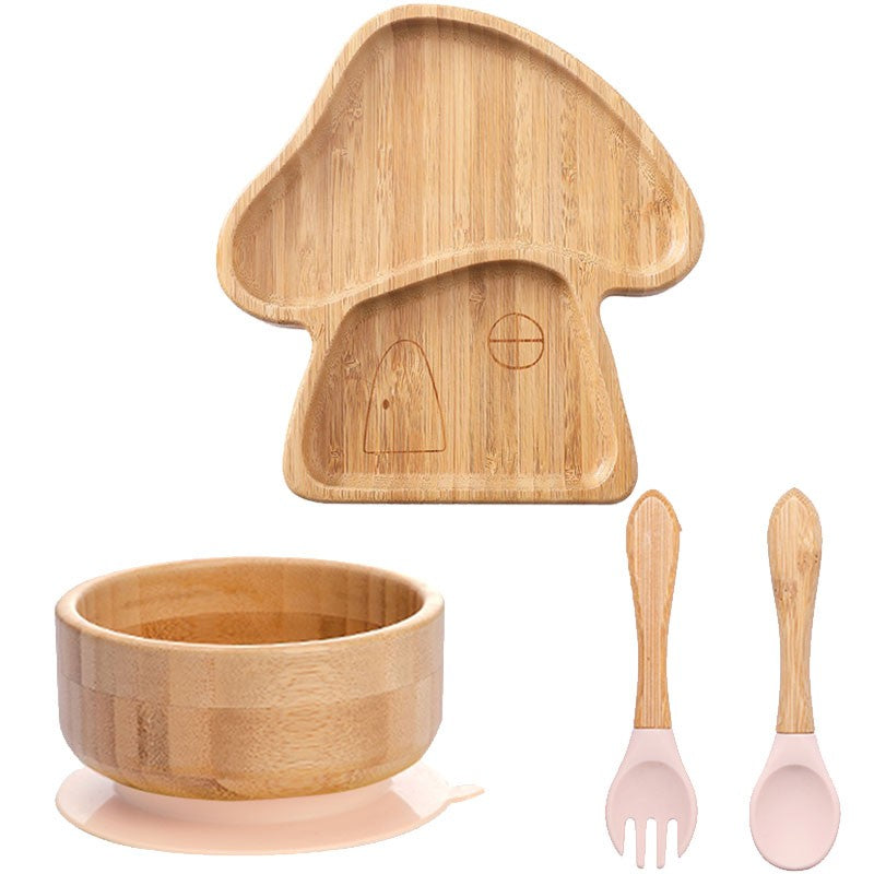 4pcs Bamboo Plate Sets Baby Feeding Bowl Wooden Kids Feeding Supplies Spoon Fork for Baby Tableware Suction Plate Bowl Cup