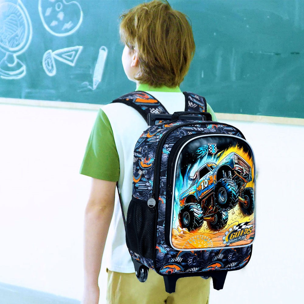 Mochila de Rodinha para Meninos, com 3 Peças, Rodas, Lancheira -