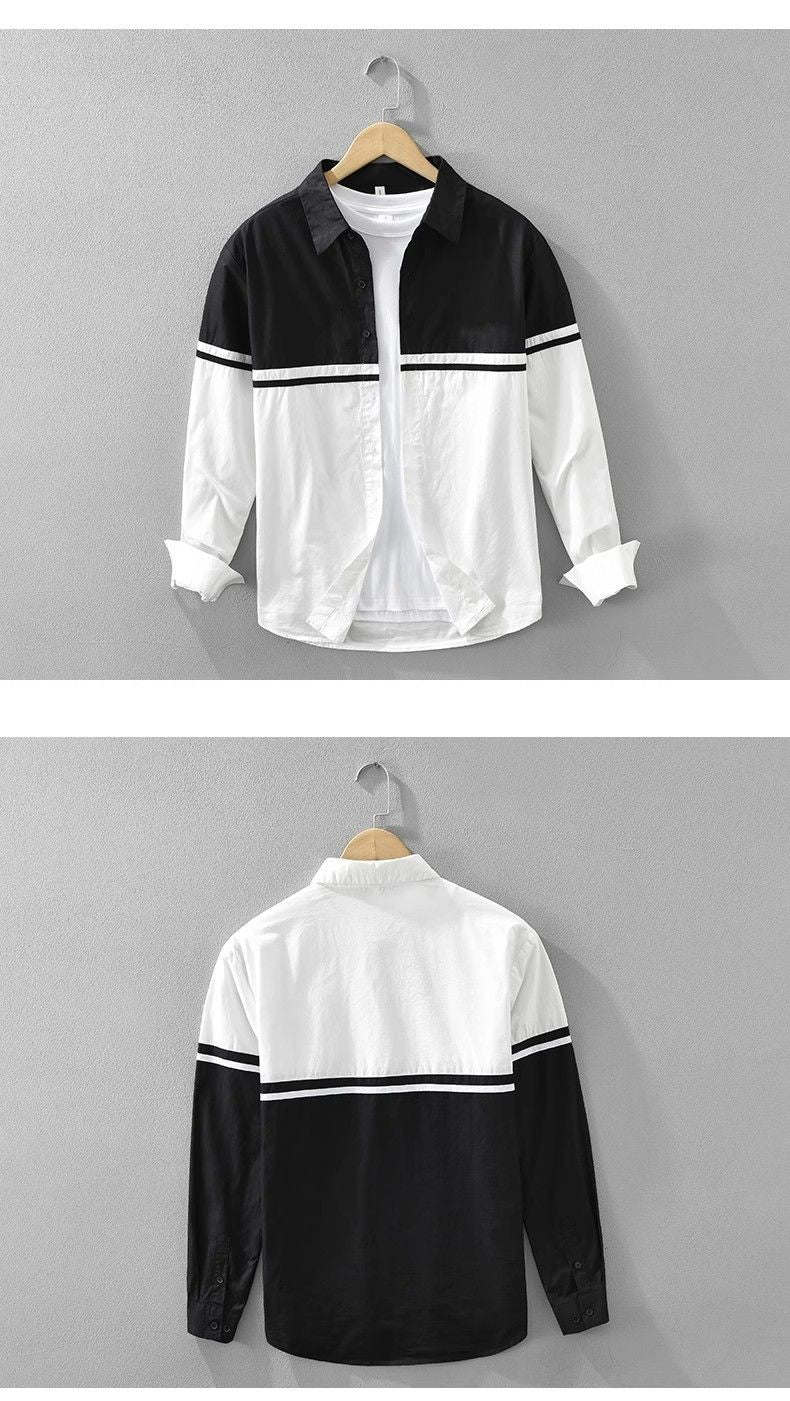 Polo Neck Contrast Patchwork Korean Blouse Men's Spring Autumn New Long Sleeve Loose Casual Shirt Tops Fashion Trend Men Clothes