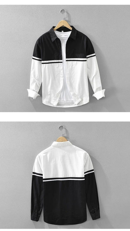 Polo Neck Contrast Patchwork Korean Blouse Men's Spring Autumn New Long Sleeve Loose Casual Shirt Tops Fashion Trend Men Clothes