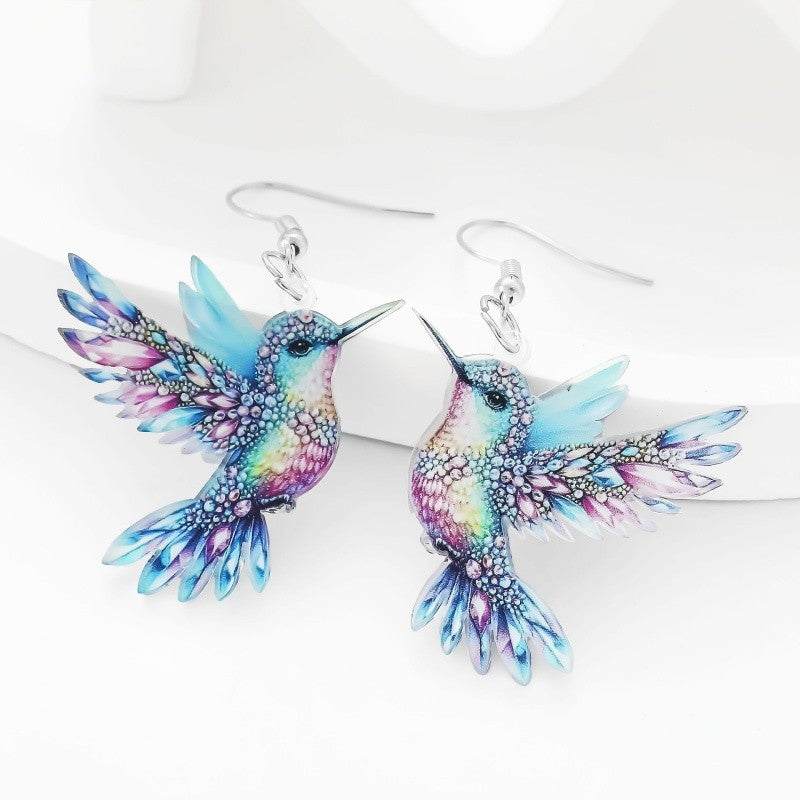 1 set of elegant and stylish acrylic colorful honey-sucking bird necklace earrings set with multi-color wing design, suitable fo