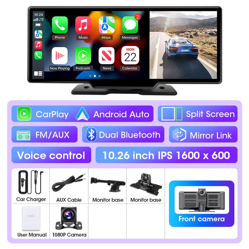 Câmera veicular 4K de 10/11,26 polegadas DVR automotivo sem fio Carplay e Android Auto Navegação GPS Gravador de vídeo Painel de controle Lente dupla Wi-Fi FM AUX