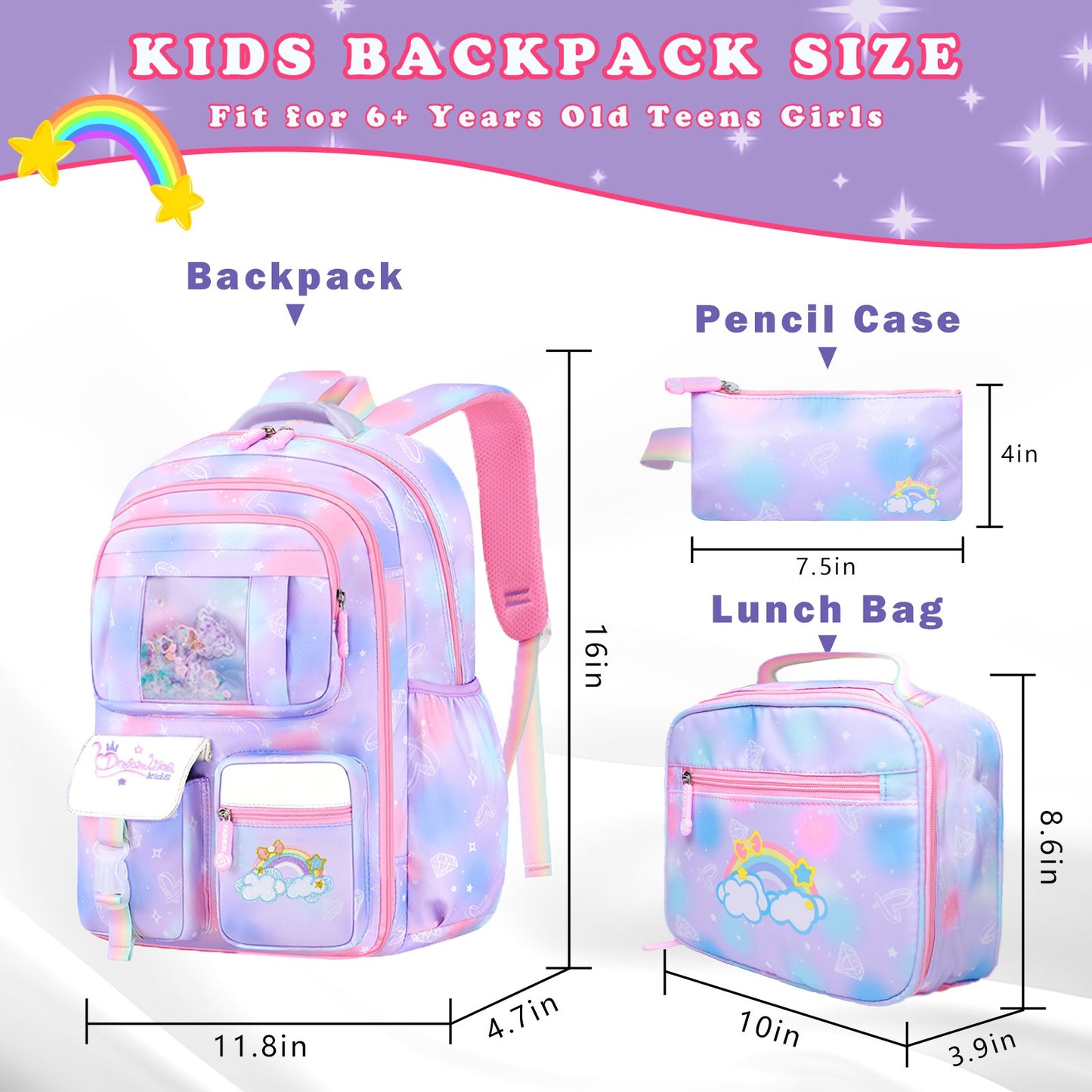 Mochila Escolar Feminina de 3 Peças Grande Capacidade Bolsa Escolar Infantil com Lancheira Estojo Bolsa de Viagem Presente Infantil