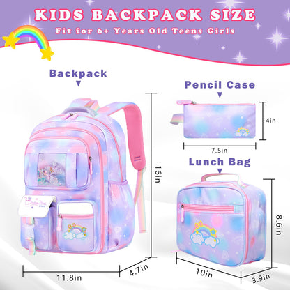 Mochila Escolar Feminina de 3 Peças Grande Capacidade Bolsa Escolar Infantil com Lancheira Estojo Bolsa de Viagem Presente Infantil