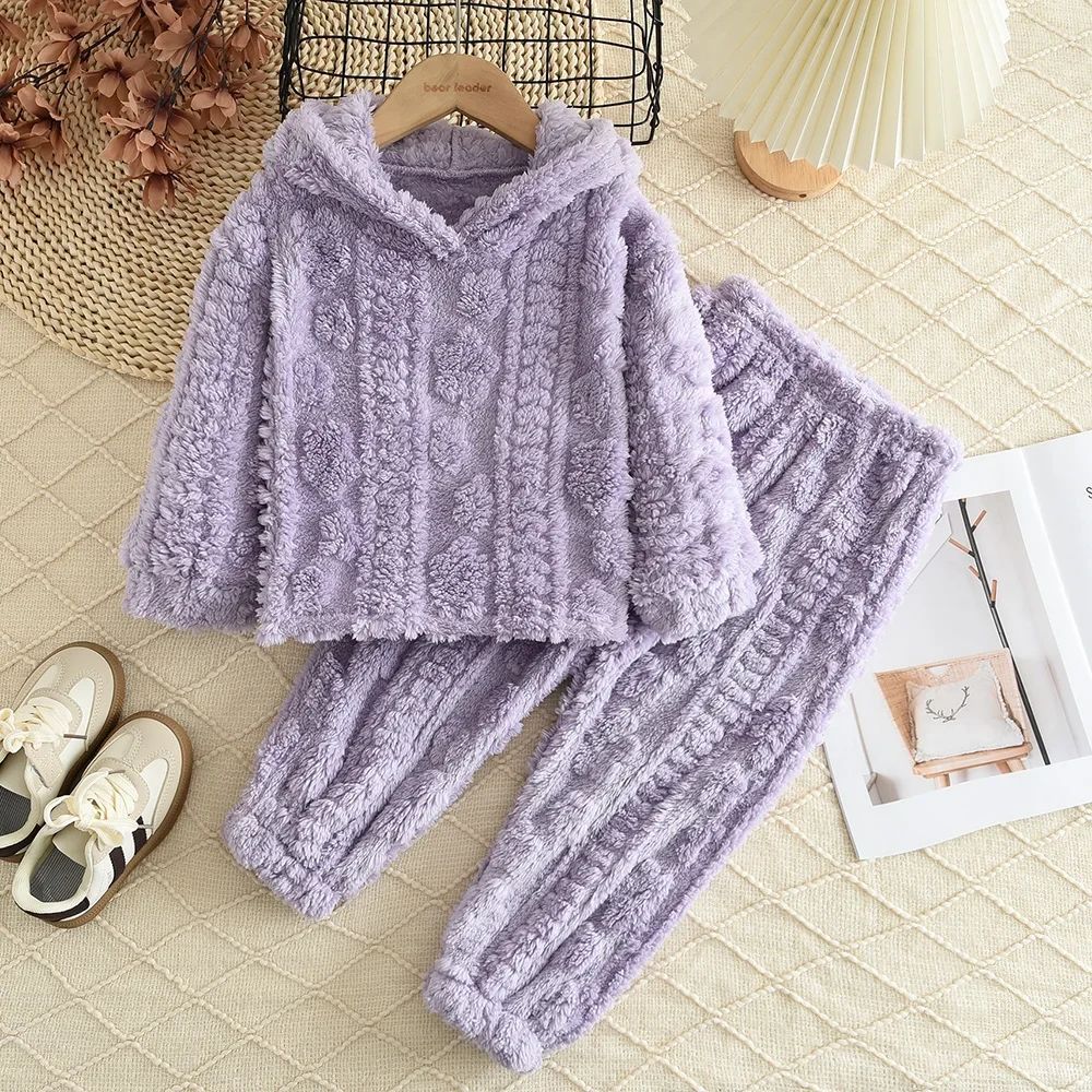 Baby Girl Clothes Purple Plush Jacquard Top+Pants 2-piece Set for Autumn and Winter Home Kids Casual Pajamas 3-7 Years Old
