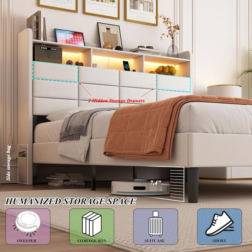 Queen Size LED Bed Frame with Storage, 2 Hidden Drawers, Charging Station, and Velvet Upholstery