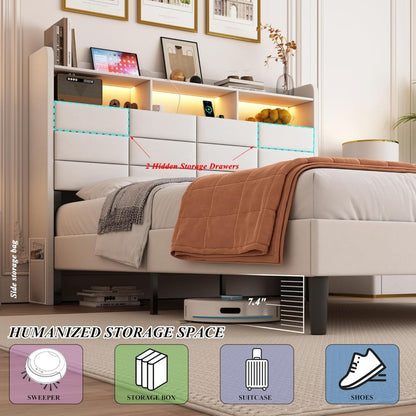 Queen Size LED Bed Frame with Storage, 2 Hidden Drawers, Charging Station, and Velvet Upholstery