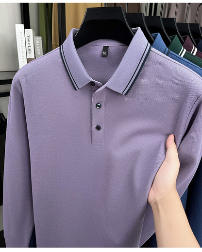 100% pure cotton high-quality long sleeve polo shirt men's autumn new style comfort casual luxury double striped lapel T-shirt