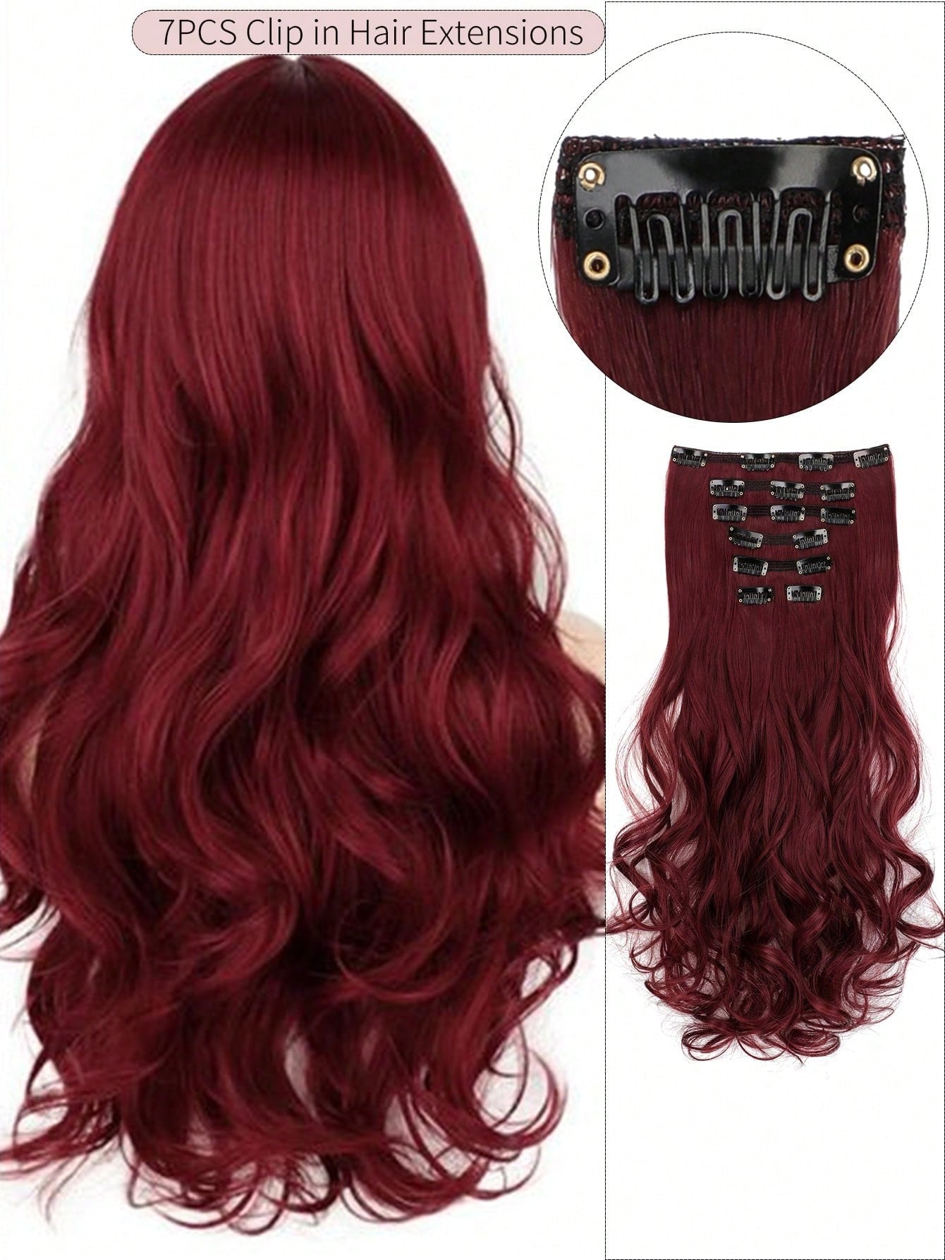 7 peças, onda grande, preto, 22 polegadas, médio, aplique de cabelo sintético com clipe