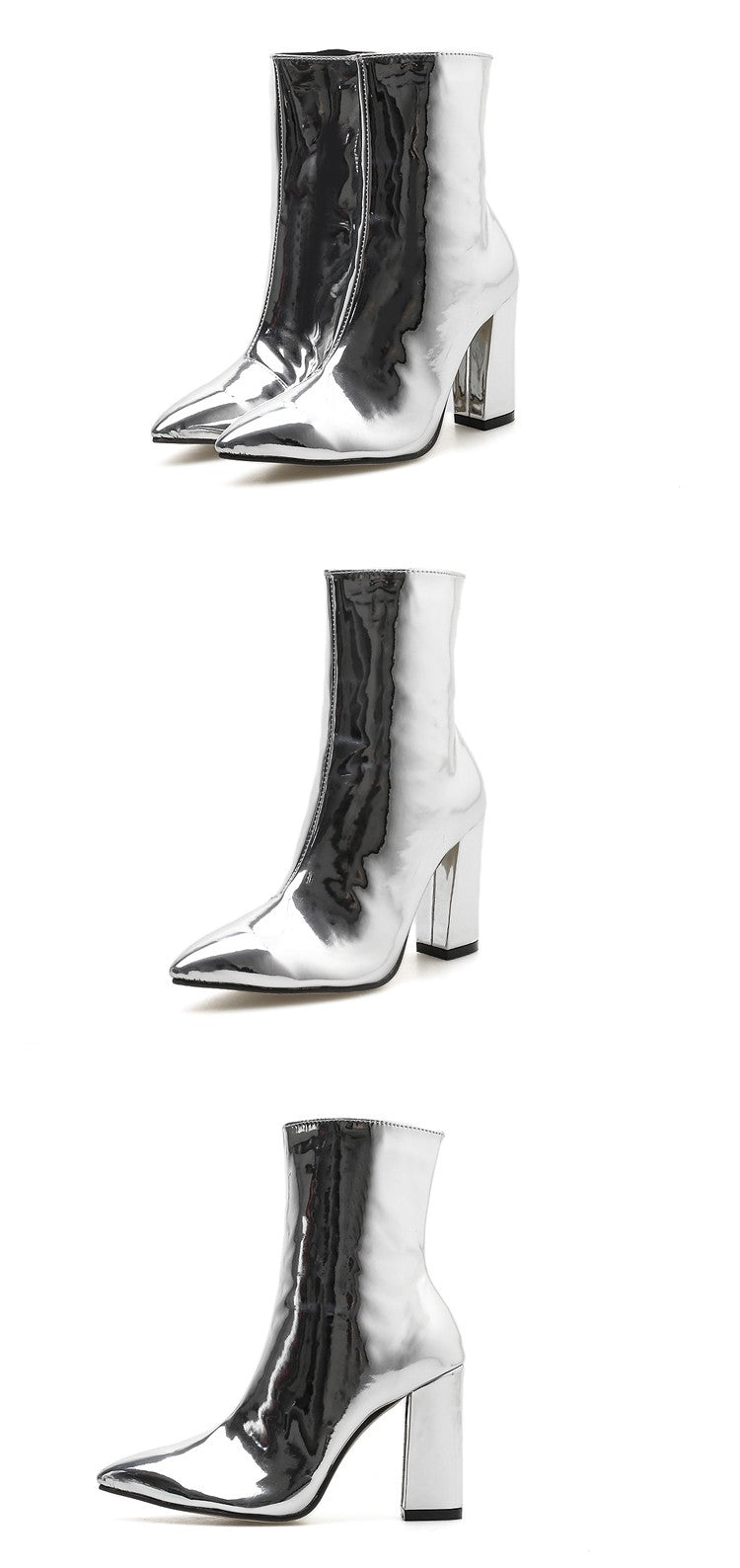 Aneikeh 2025 Spring Fashion Silver Patent Leather Women Ankle Boots Pointed Toe Square High Heels Shoes Chelsea Botas De Mujer