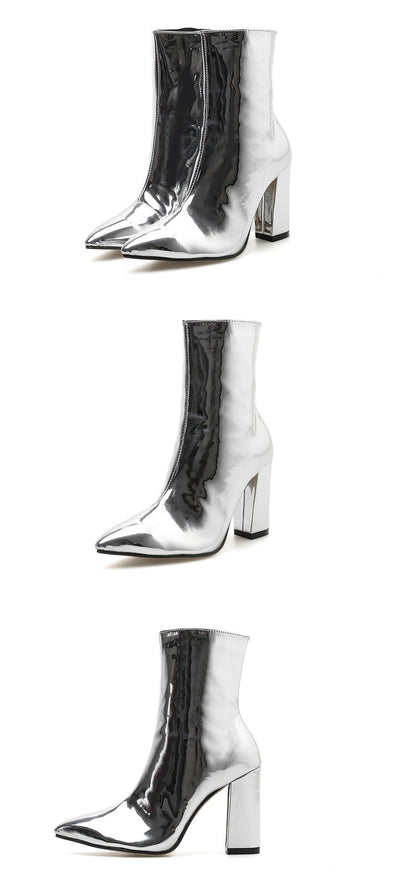 Aneikeh 2025 Spring Fashion Silver Patent Leather Women Ankle Boots Pointed Toe Square High Heels Shoes Chelsea Botas De Mujer