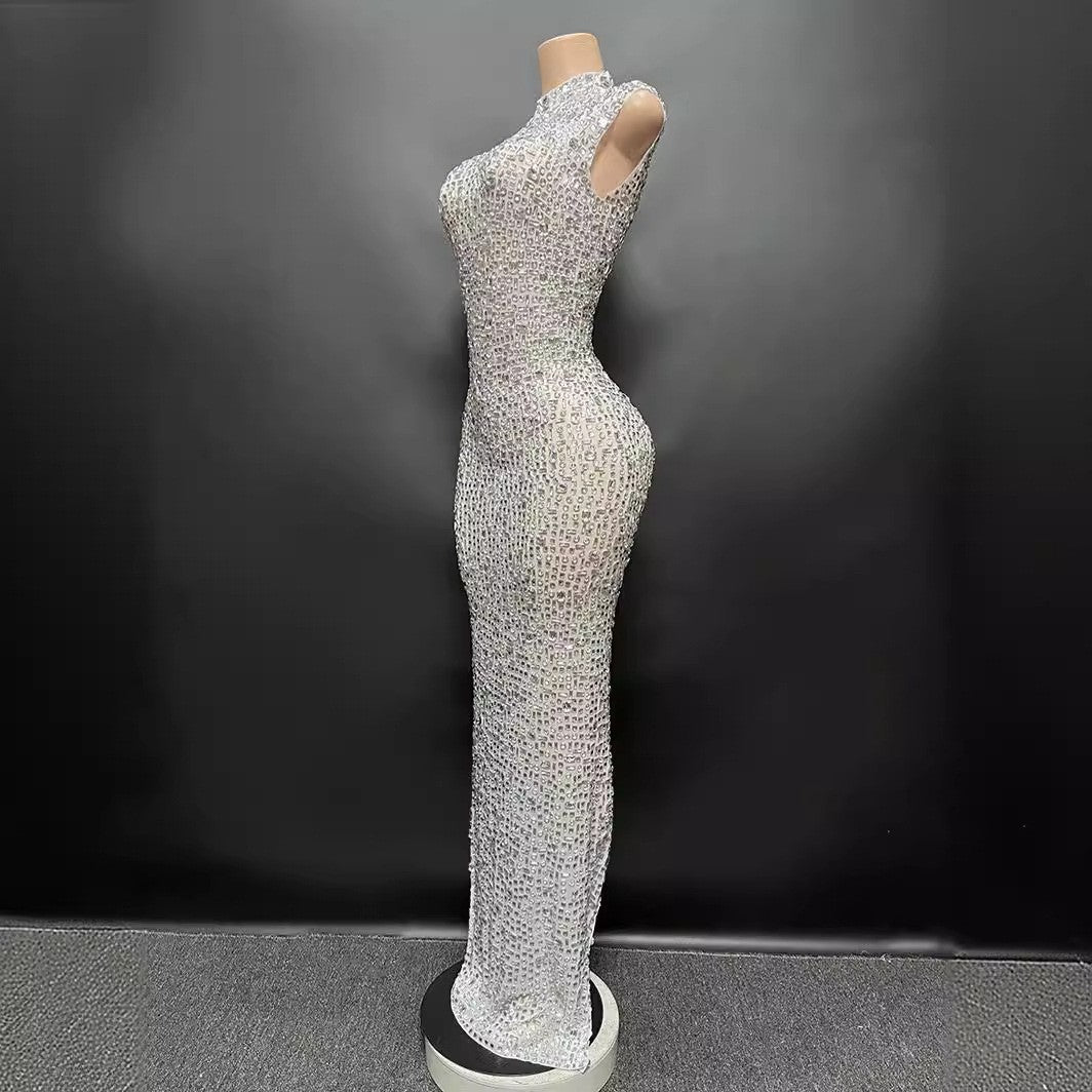 Sexy Full Drill Elastic Slim Fit Sleeveless Long Dress - Hip Wrap, For Host Stage Catwalk & Engagement Evening High-Slit Dresses