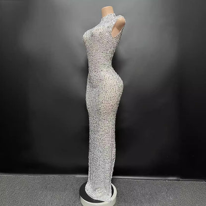 Sexy Full Drill Elastic Slim Fit Sleeveless Long Dress - Hip Wrap, For Host Stage Catwalk & Engagement Evening High-Slit Dresses