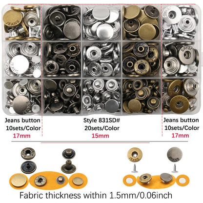 120Sets Jeans Buttons Shank Button with Pliers Sewing-Free Change Waist Size Buttons for Jeans Coat Sewing Accseeories