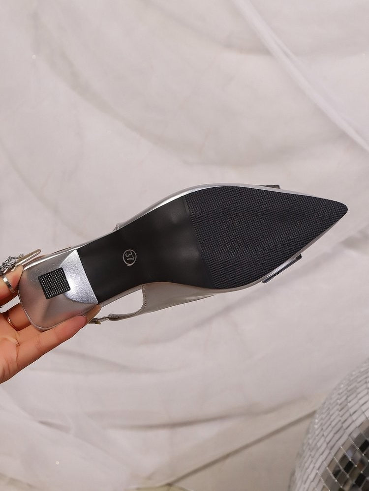 Women's Sandals Covering Toe High Heels Summer Pointed Toe Back Hollow Elegant Silver Color Ladies Shoes Rubber Sole