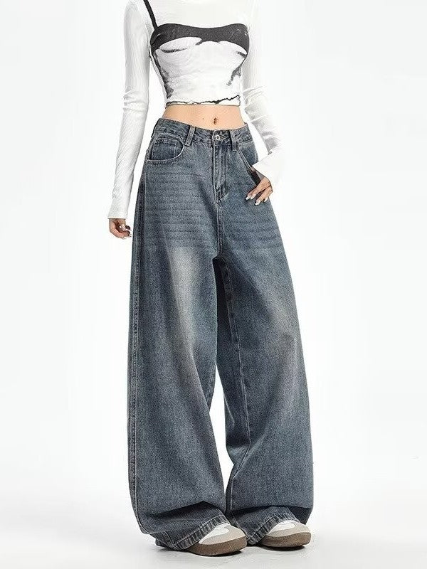 Retro High Waist Wide Leg Jeans Women Summer New plus Size Loose Slimming Pear ape Straight Leg Pants Casual Waed Blue