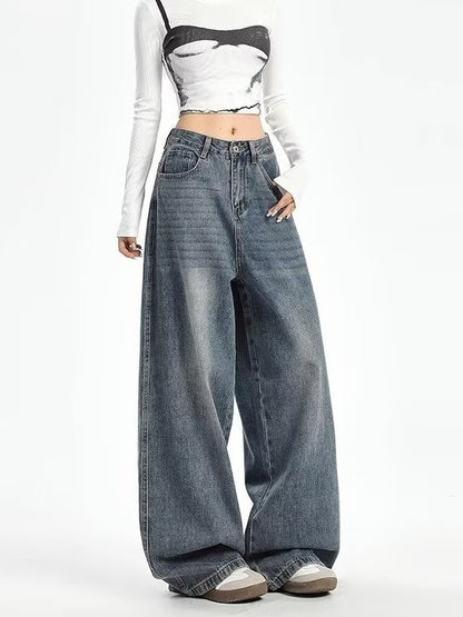 Retro High Waist Wide Leg Jeans Women Summer New plus Size Loose Slimming Pear ape Straight Leg Pants Casual Waed Blue