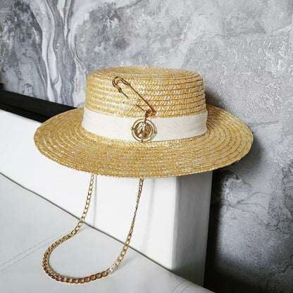 2023 Summer sun hat Lafite grass French straw hat Women's chain decorated straw hat Holiday Sun hat Punk style  beach