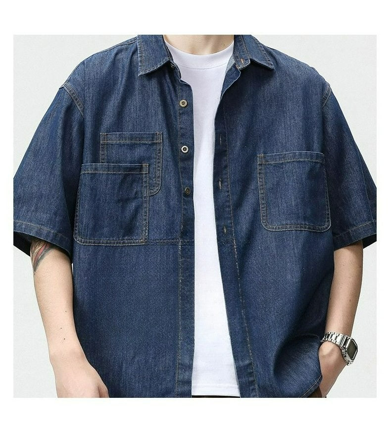 2025 Summer New Men's Casual Loose Shirt Polo Neck Short Sleeve Single Breasted Shirts Men's Vintage Solid Cargo Jeans  Tops