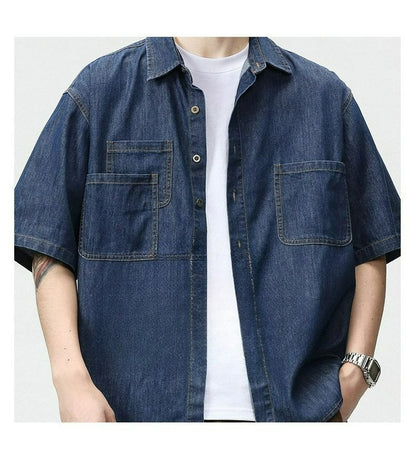 2025 Summer New Men's Casual Loose Shirt Polo Neck Short Sleeve Single Breasted Shirts Men's Vintage Solid Cargo Jeans  Tops