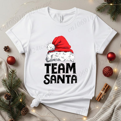 Women's Casual Short Sleeve T-Shirt with Christmas Team Santa Print T-Shirts Round Neck Christmas Party Wear Women's Clothing