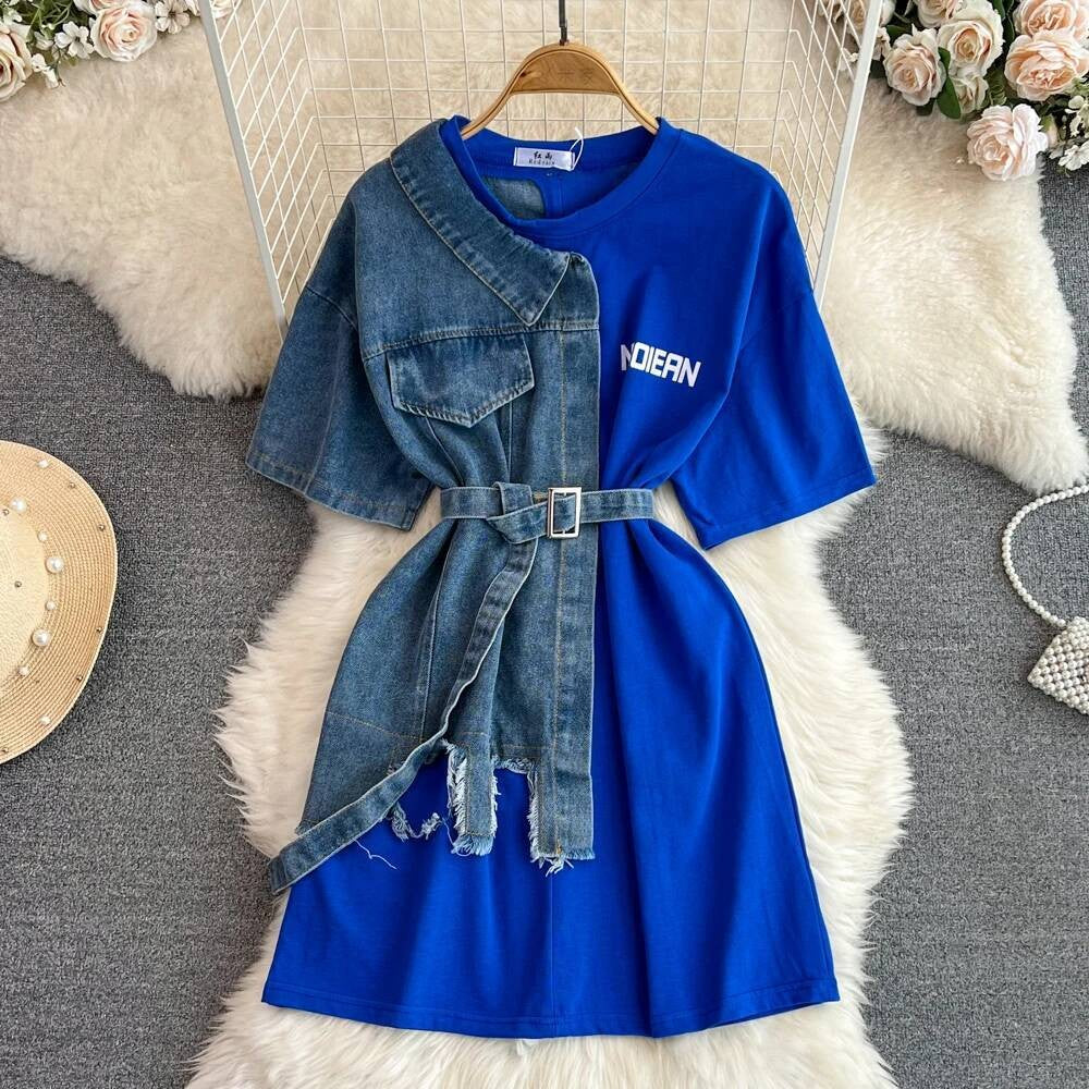 XFPV Women's Sweet high Waist Wrap Belt Round Neck patchwork Denim Shirt  Chic Top Y2k Korean Fashion Spring Summer 2025 SM11327