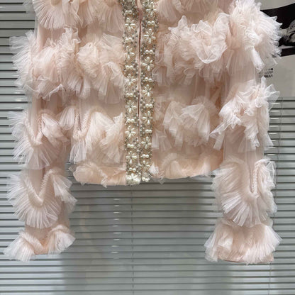 2025 Autumn New French Pearl Lace Layered Mesh Jacket Top