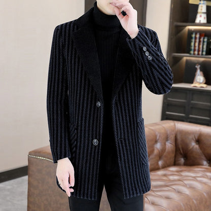 Classic Autumn Winter Men's Mid-Length Woolen Coats Casual Striped Overcoat Outwear Windbreaker Business Warm Long Jackets