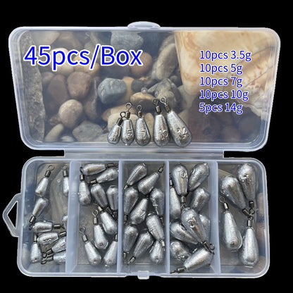 45 PEÇAS/Caixa Chumbo Drop Shot para Pesca 3.5g 5g 7g 10g 14g Chumbada Tubo Bala Pingente Jig Metal Kit Pesca Ferramenta