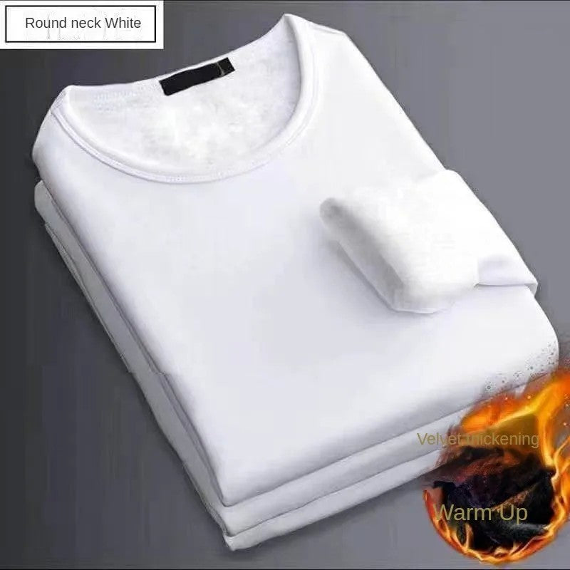 2PCS Men's Underwear Winter Long-sleeved Thermal Underwear Plus Velvet Padded T-shirt O-Neck Solid Color Slim Bottoming Shirt