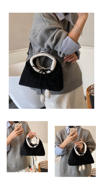 Faux Suede Solid Color Bow Hairy Cute Women's Handbags Christmas Gift Giving Fashion Bags 2025 Autumn/winter New Shoulder Bags
