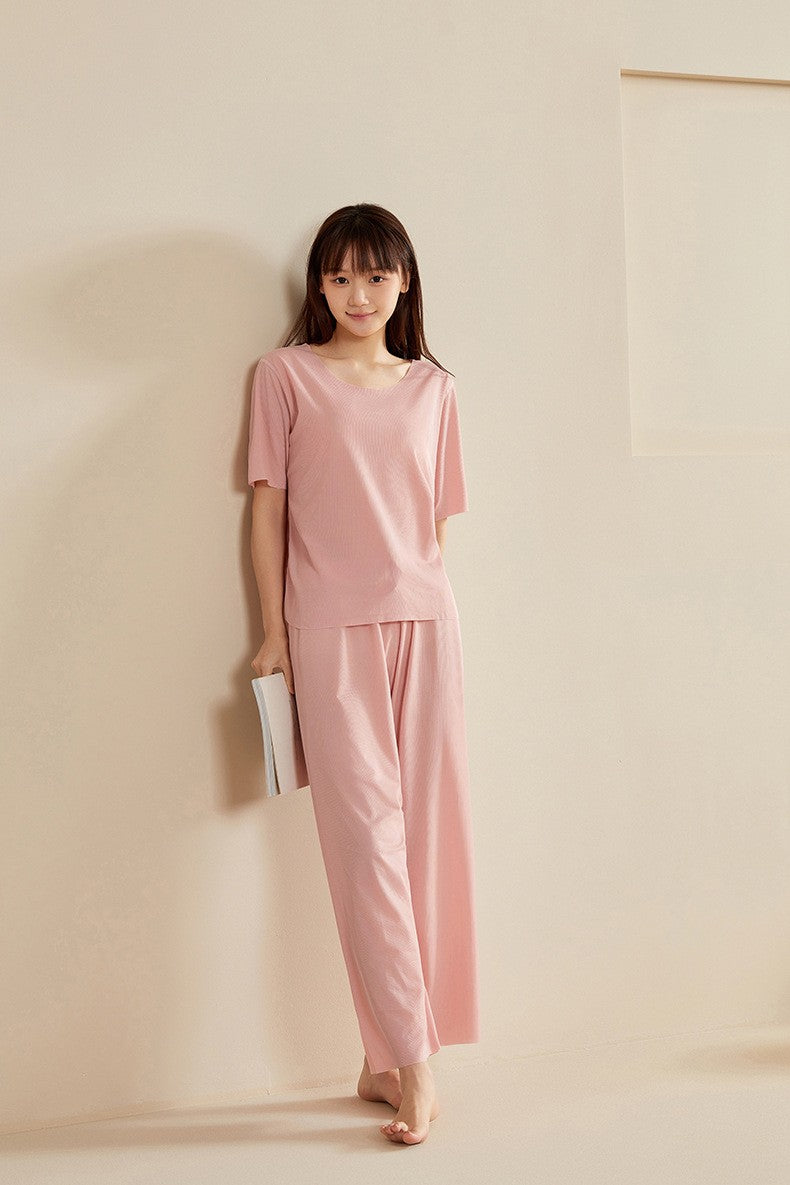 Super Thin Pajamas Suit Women Men Summer Ice Silk Cool Short-sleeved O-Neck Sleepwear Male Female Classic Simple Loungewear Suit